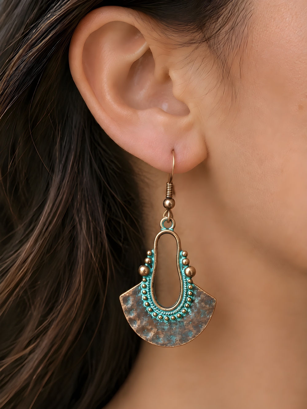 Vintage Bronze Turquoise Dangle Boho Earrings Statement Jewelry Wedge